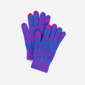 Magenta and cobalt striped gloves with magenta fingertips on thumb, forefinger, and middle finger. Magenta and cobalt striped gloves with magenta fingertips on thumb, forefinger, and middle finger.