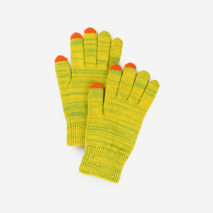 Saffron and olive green striped gloves with bright orange fingertips on thumb, forefinger, and middle finger. Saffron and olive green striped gloves with bright orange fingertips on thumb, forefinger, and middle finger.