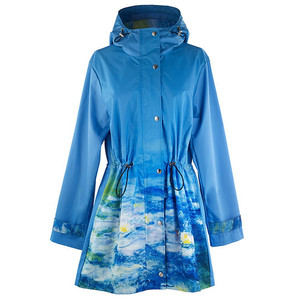 Blue raincoat with Monet's Waterlilies on bottom half and in hood. Blue raincoat with Monet's Waterlilies on bottom half and in hood.