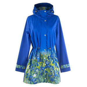 Blue raincoat with Van Gogh's Irises on the bottom and in the hood. Blue raincoat with Van Gogh's Irises on the bottom and in the hood.