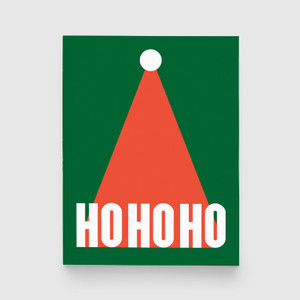 card of a red Santa hat on a green background, repeating white text: ho, ho, ho. card of a red Santa hat on a green background, repeating white text: ho, ho, ho.