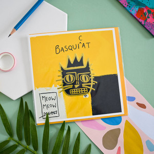 Yellow, black, and gold card with crowned cat in art style of Jean-Michael Basquiat. Yellow, black, and gold card with crowned cat in art style of Jean-Michael Basquiat.