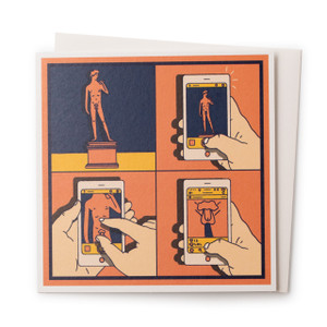 Square card featuring comic of art spectator zooming in on statue. Square card featuring comic of art spectator zooming in on statue.