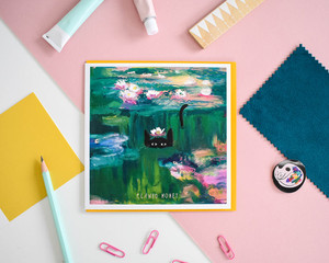 Card featuring black cat wading in lilypond. Card featuring black cat wading in lilypond.