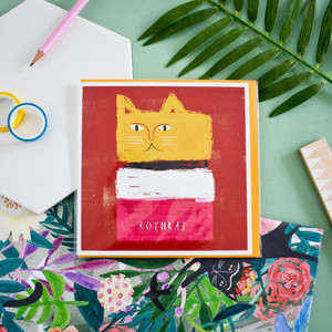 Maroon, yellow, black, white, and magenta card featuring cat in stroke style of Mark Rothko. Maroon, yellow, black, white, and magenta card featuring cat in stroke style of Mark Rothko.