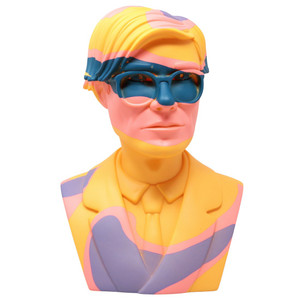 A bust of Andy Warhol in pink, orange and blue camouflage, front view A bust of Andy Warhol in pink, orange and blue camouflage, front view