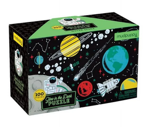 Image of black Glow in the Dark Puzzle box with artwork of colorful planets, shuttle and astronaut, and stars. Image of black Glow in the Dark Puzzle box with artwork of colorful planets, shuttle and astronaut, and stars.