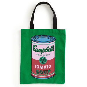 Green tote bag with Campbell's Soup can art work by Andy Warhol. Green tote bag with Campbell's Soup can art work by Andy Warhol.