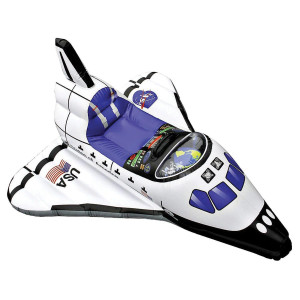 A pool toy in the shape of a NASA Space Shuttle with a seat behind the cockpit A pool toy in the shape of a NASA Space Shuttle with a seat behind the cockpit