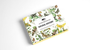 outside of box set, has a pattern of leaves and butterflies with "letter writing set natural history" in white box in the center outside of box set, has a pattern of leaves and butterflies with "letter writing set natural history" in white box in the center