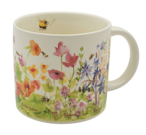 A 14 oz mug with art featuring bees and common flowers and herbs.