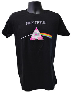 A black t-shirt with art that is a play on the Pink Floyd Dark Side of the Moon album cover with Sigmund Freud in the prism.