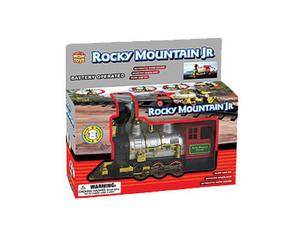 A box containing a silver and red steam engine toy.