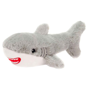 A gray and white plush shark toy.