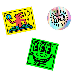 Stickers of 3 Haring artworks, DJ Dog, Holographic Radiant Baby and Green 3-eyed face. Stickers of 3 Haring artworks, DJ Dog, Holographic Radiant Baby and Green 3-eyed face.
