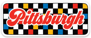 Rectangular sticker, Pittsburgh letters in red on a checkered background. Rectangular sticker, Pittsburgh letters in red on a checkered background.