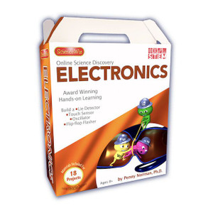 A white boxed science kit with an illustration of three cartoon characters moving through an electrical current. A white boxed science kit with an illustration of three cartoon characters moving through an electrical current.