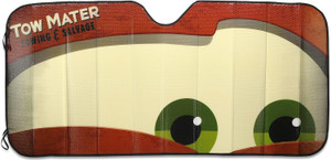 A vehicle windshield sun shade with the brown eyebrows and green eyes of Mater the Tow Truck.