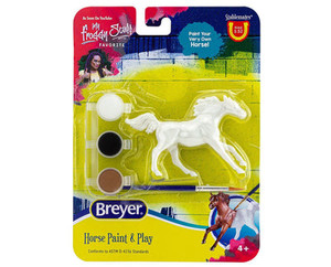 shows horse figurine in multicolored packaging with 3 small paint pots one brown, one black, one white shows horse figurine in multicolored packaging with 3 small paint pots one brown, one black, one white