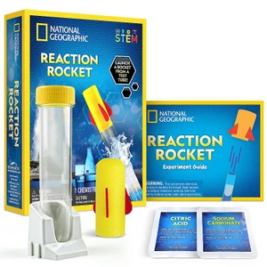 A blue box with yellow trim with an image of a yellow rocket being launched next to the test tube, yellow rocket, and booklet contained within.