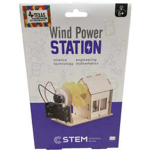 A purple and white package with a balsa wind turbine generator pictured. A purple and white package with a balsa wind turbine generator pictured.