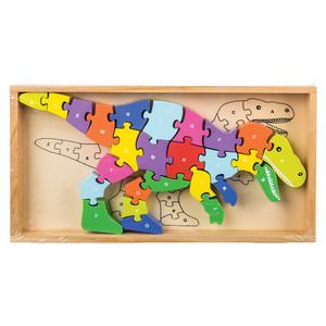 T-Rex shape puzzle, 26 bright and colorful pieces with a letter stamped on each piece and the wooden box. T-Rex shape puzzle, 26 bright and colorful pieces with a letter stamped on each piece and the wooden box.