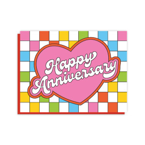 Note card with a colorful checkered background, and a pink heart with white scripted text. "happy anniversary".