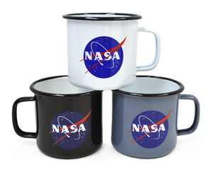 A white metal camper mug with the NASA meatball logo atop a black metal camper mug with the NASA meatball logo and a grey metal camper mug with the NASA meatball logo