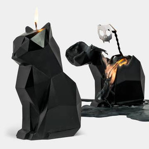Cat shaped candle reveals slowly and unfolding transformation from cute kitty to brooding skeleton.  Candle: 6.7 x 2.9 x 4.5 inches, burning time: Approximately 20 hours