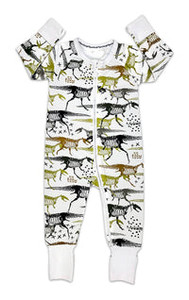 shows the front of onesie, with green, gray, black and mustard colored dino skeletons printed on it shows the front of onesie, with green, gray, black and mustard colored dino skeletons printed on it
