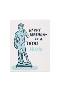 Front of the card, illustration of David, text "happy birthday to total hunk". Front of the card, illustration of David, text "happy birthday to total hunk".