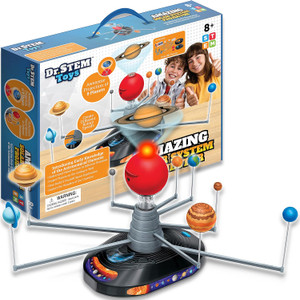A boxed kit next to the model solar system projector that comes inside. A boxed kit next to the model solar system projector that comes inside.