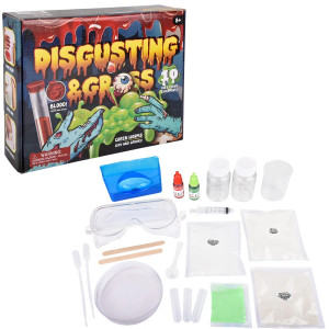 A boxed kit of Disgusting & Gross science next to the plastic tools contained for conducting experiments. A boxed kit of Disgusting & Gross science next to the plastic tools contained for conducting experiments.