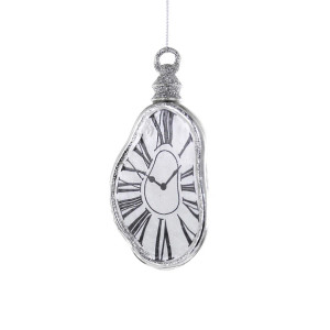 Silver melting clock glass ornament.