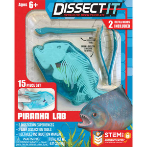 front of kit, shows kid-safe dissection tools and  blue gelatin piranha with plastic skeleton inside front of kit, shows kid-safe dissection tools and  blue gelatin piranha with plastic skeleton inside