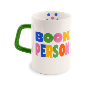 White mug with a green handle, letters in text are different colors.
"Book Person" White mug with a green handle, letters in text are different colors.
"Book Person"