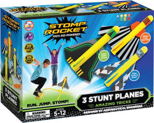 A blue box with photographs of two children playing with a Stomp Rocket launcher and three stunt planes