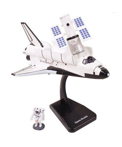 A model of the space shuttle mounted on a pedestal with a model Hubble telescope and a model astronaut. A model of the space shuttle mounted on a pedestal with a model Hubble telescope and a model astronaut.