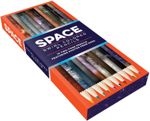 A box of colored pencils with space imagery printed on them A box of colored pencils with space imagery printed on them
