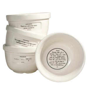 Four mixing bowls with theorems and proofs printed on them Four mixing bowls with theorems and proofs printed on them