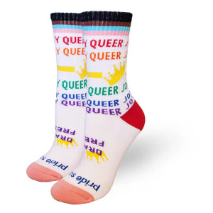 White socks, colorful text "queer queer" and "drag is freedom" pride socks