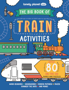 A blue book with illustrations of trains and rail travel