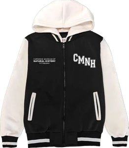jacket has black body with white sleeves and white hood.  jacket body has "CMNH" printed on the left side and "Carnegie museum of natural history Pittsburgh" printed on the right