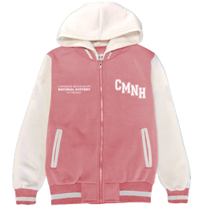 Jacket has pink body with white sleeves and hood. Jacket body has "CMNH" printed on the left side and "Carnegie Museum of Natural History Pittsburgh" printed on the other