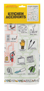 A towel with cartoons illustrating common kitchen accidents and their solutions.