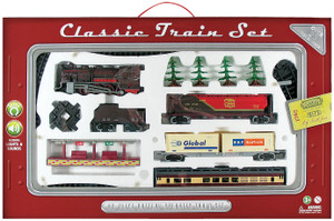 This image shows a red box with a clear panel displaying the train set pieces.