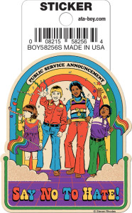 sticker with illustration of 4 happy kids, text " say no to hate". sticker with illustration of 4 happy kids, text " say no to hate".