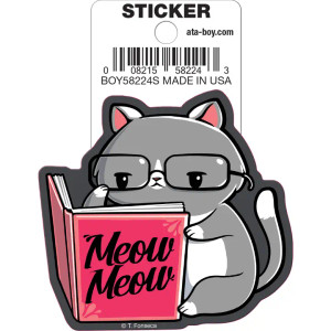 illustration of a gray cat reading a book, text in black, "meow, meow". illustration of a gray cat reading a book, text in black, "meow, meow".