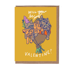 Yellow card, with an illustration of a bouquet of cute cats, text in white script, "will you be my valentine?" Yellow card, with an illustration of a bouquet of cute cats, text in white script, "will you be my valentine?"