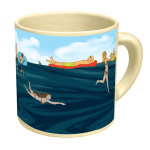A mug that is painted with images of swimmers in the ocean that reveals sharks when exposed to higher temperatures A mug that is painted with images of swimmers in the ocean that reveals sharks when exposed to higher temperatures